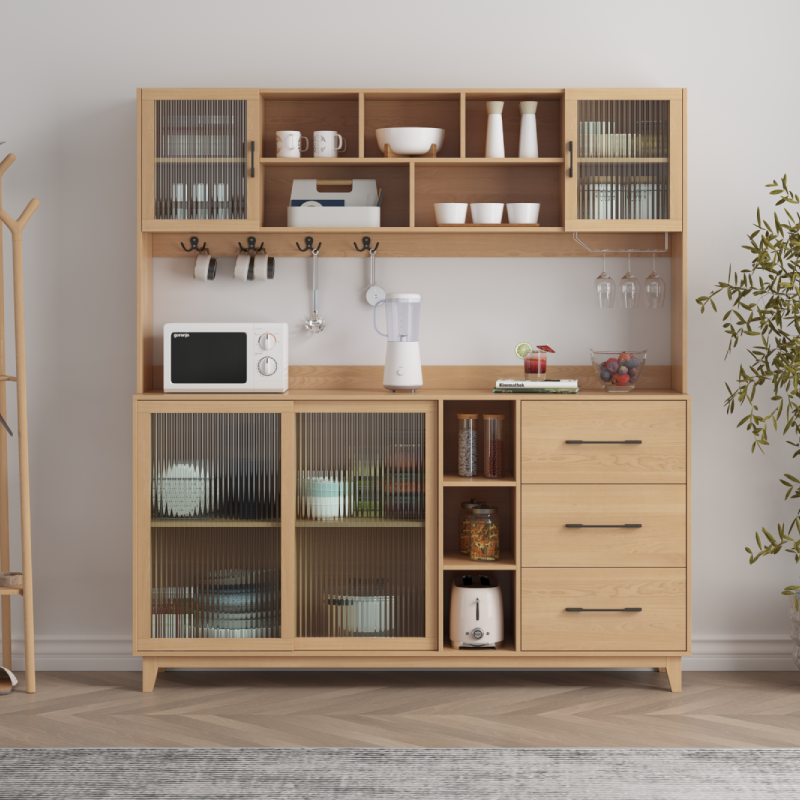 Solid Wood Dining Side Cabinet Storage Day Style Nordic Bowls Closet Tea Water Cabinet Kitchen Home original wood colour set Push-pull Glass Door-Taobao