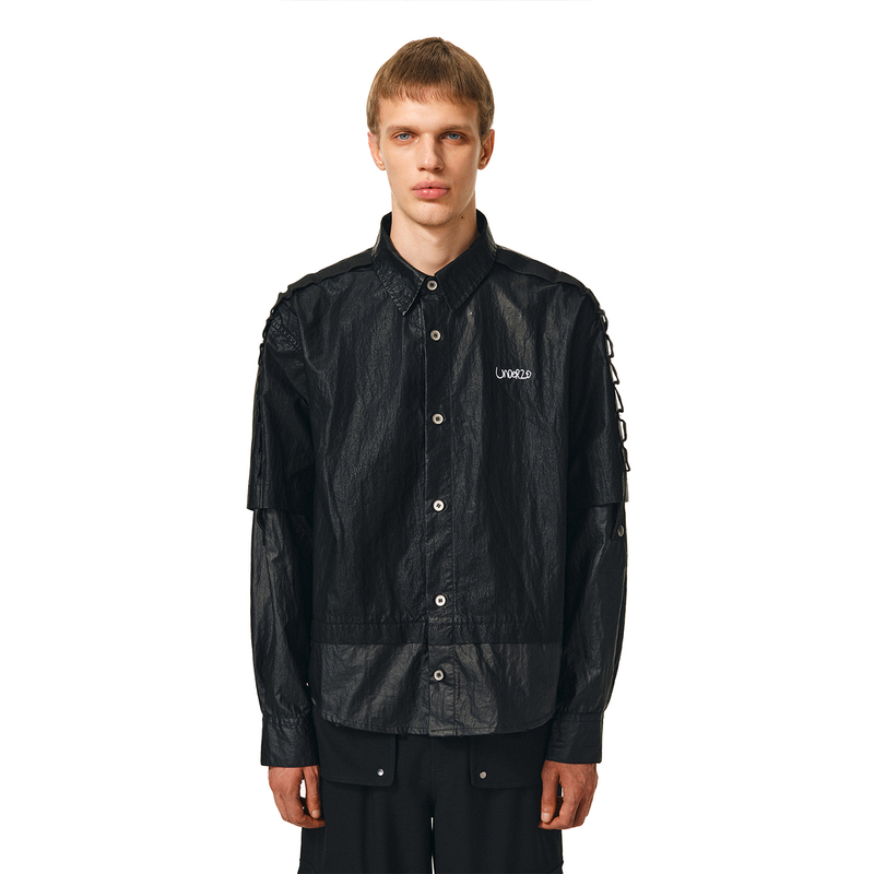 Under20 Oil Wax Coating Fake Two-Piece Long-Sleeved Shirt Men's Autum Black Retro Loose Shirt Jacket Under20 Oil Wax Coating Fake Two-Piece Long-Sleeved Shirt Men's Autum Black Retro Loose Shirt Jacket