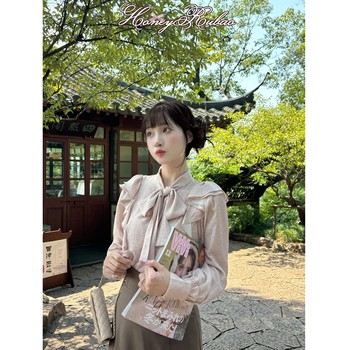 Honeyrubao sweet cherry love ruffled bow tie chiffon shirt