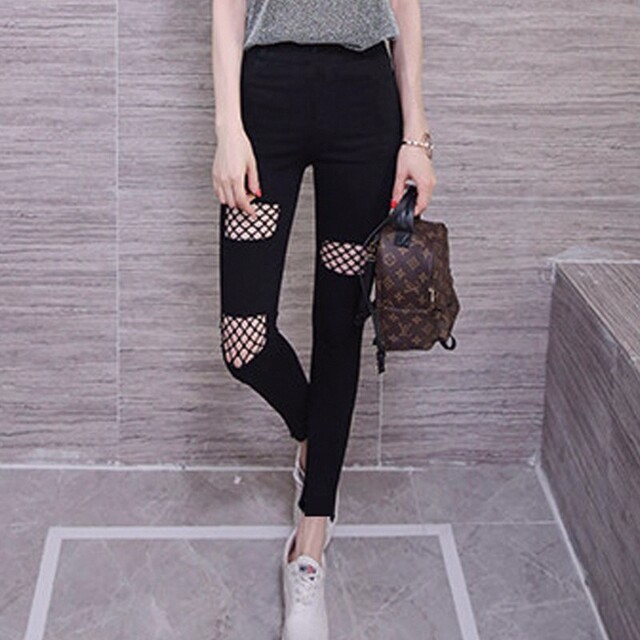 Spring and summer style new fishnet ripped bottoming pants for women, tight and versatile pencil pants, small leg pants for students, Korean version of women's pants, trendy