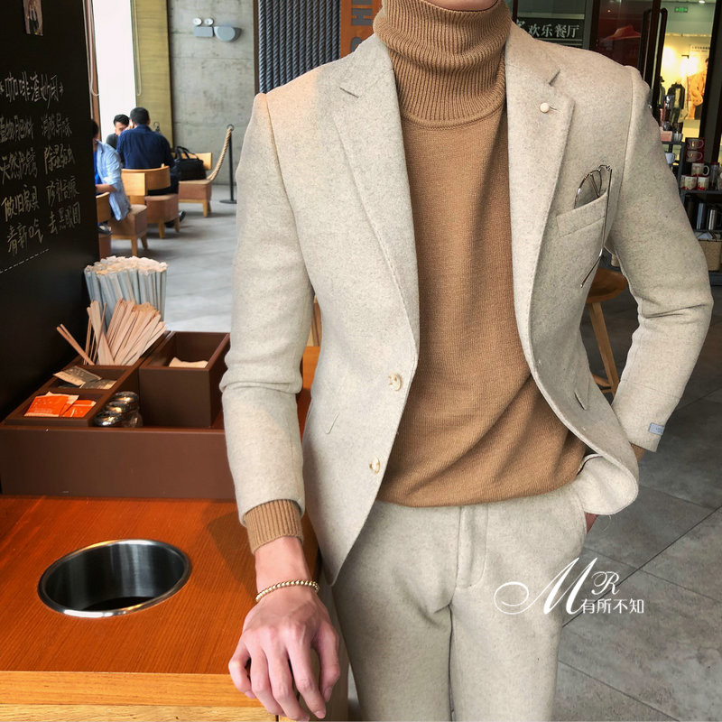 Bộ đồ len dày mùa đông màu dày phù hợp với bộ đồ đơn ngực nam phiên bản Anh của Hàn Quốc áo dài nam