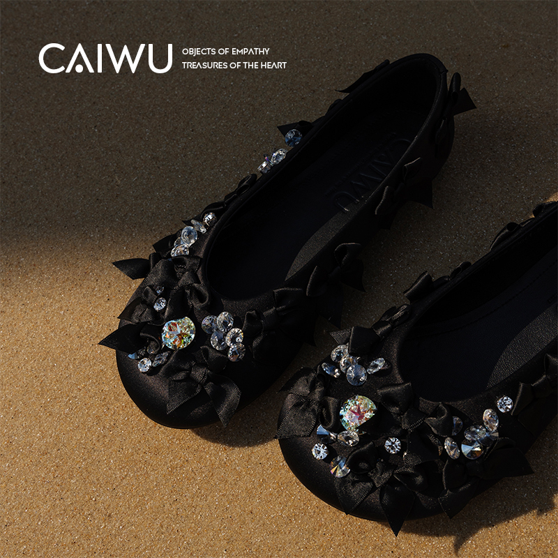 【Colorful Items】Angel Fallen 2025 New Silk Rhinestone Shallow Mouth Single Shoes Women's Flat Round Toe Soft Sole Shoes