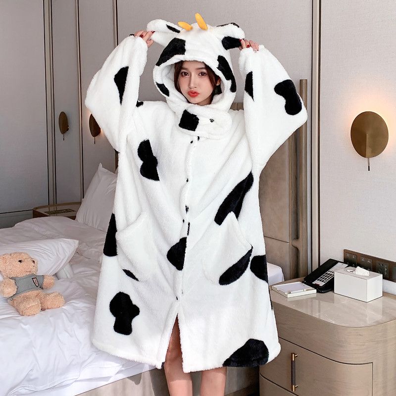 Autumn and Winter Long Plush Cow Cartoon Nightgown for Girls, Hooded Robe, Thickened and Warm, Casual Coral Fleece Loungewear