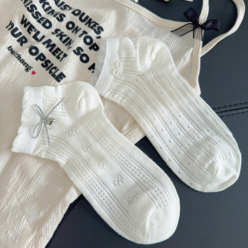 Summer Thin White Socks for Women, Short Socks with Bow, Cotton Socks, Mesh Breathable Lace Trim, Short Tube Boat Socks for Girls