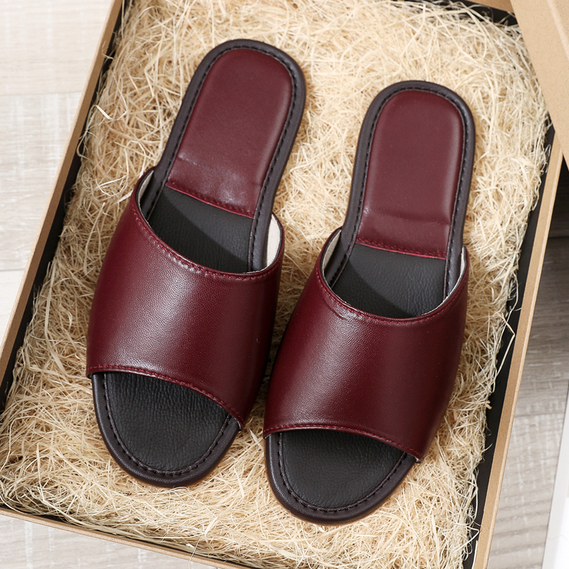 High-Quality Genuine Leather Slippers for Home Use in Summer, Women's Non-Slip Soft-Soled Indoor Open-Toe Slippers, Men's Indoor Open-Toe Slippers