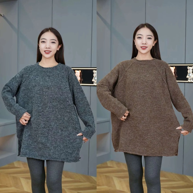 2026 Autumn and Winter New Women's Fashionable Versatile Round-Neck Knitted Mid-Length Loose Slimming Long-Sleeved Solid Color Sweater