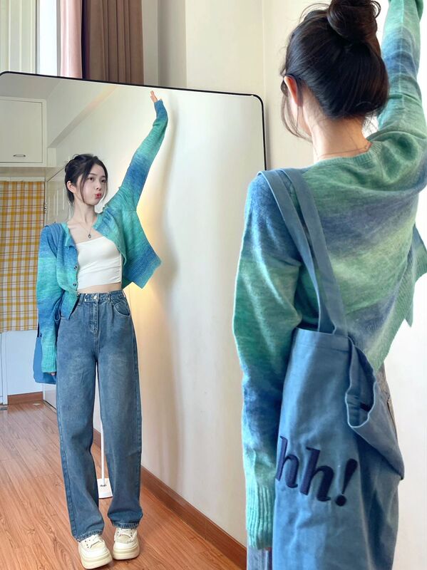 Blue-Green Tie-Dye Knitted Cardigan for Women, Spring and Autumn, Unique Short Style, Gentle and Elegant Sweater Jacket, Long-Sleeved Top