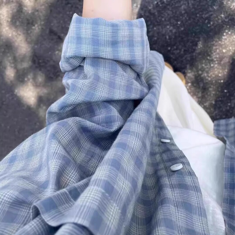 Zhang Ruonan's Same Style Long-Sleeved Blue Plaid Shirt, Summer Loose and Casual Top, Versatile Sun Protection Shirt, Shirt Jacket Zhang Ruonan's Same Style Long-Sleeved Blue Plaid Shirt, Summer Loose and Casual Top, Versatile Sun Protection Shirt, Shirt Jacket