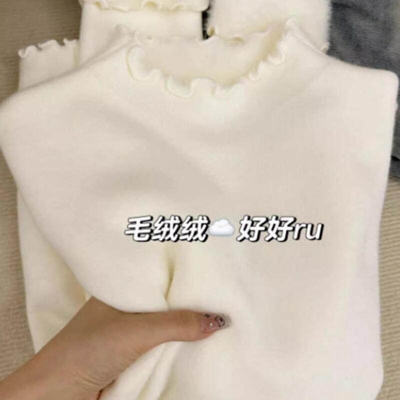 Lace Half-High Collar Winter Fleece-Lined Inner Sweater for Women, Slim Fit, Soft and Fluffy White Base Shirt, Integrated Fleece Top for Autumn and Winter