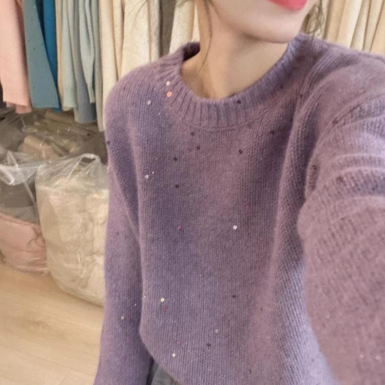 Gentle and Soft Purple Sequin Raccoon Fur Sweater for Women, Autumn and Winter, Fluffy and Lazy, Pullover Knit Top for Outerwear Gentle and Soft Purple Sequin Raccoon Fur Sweater for Women, Autumn and Winter, Fluffy and Lazy, Pullover Knit Top for Outerwear