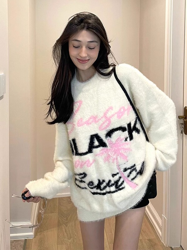 Mohair Soft Sweater Oversize Women's Winter Thickened Letter Jacquard Knitwear Loose Lazy Style Top Mohair Soft Sweater Oversize Women's Winter Thickened Letter Jacquard Knitwear Loose Lazy Style Top