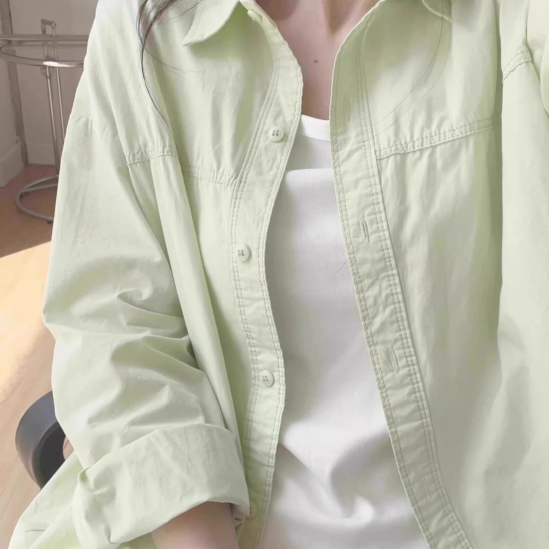 薄荷绿长袖衬衫女2026新款春秋宽松休闲百搭衬衣外套设计感小众