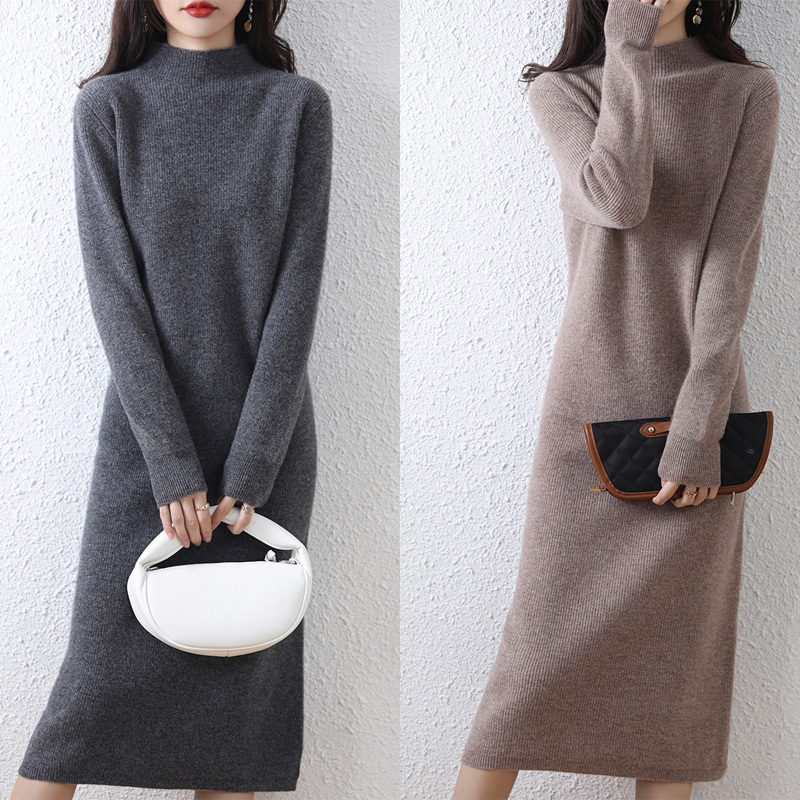 This Year's New 100% Pure Wool Knitted Dress for Women, Autumn and Winter Long Cashmere Plus-Size Thick Sweater Dress