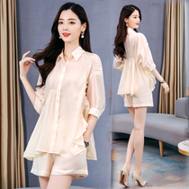 Feiyue early autumn high waist shirt shorts two-piece fashion temperament jacket skirt sleeve set loose summer clothes