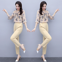 Feiyue vest bow ribbon shirt foreign style two-piece set 2021 early autumn new chiffon shirt pants set