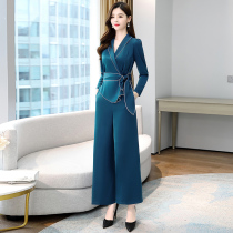 Feiyue early autumn temperament age age Cross color color V collar wide leg pants two piece set 2021 summer new coat set