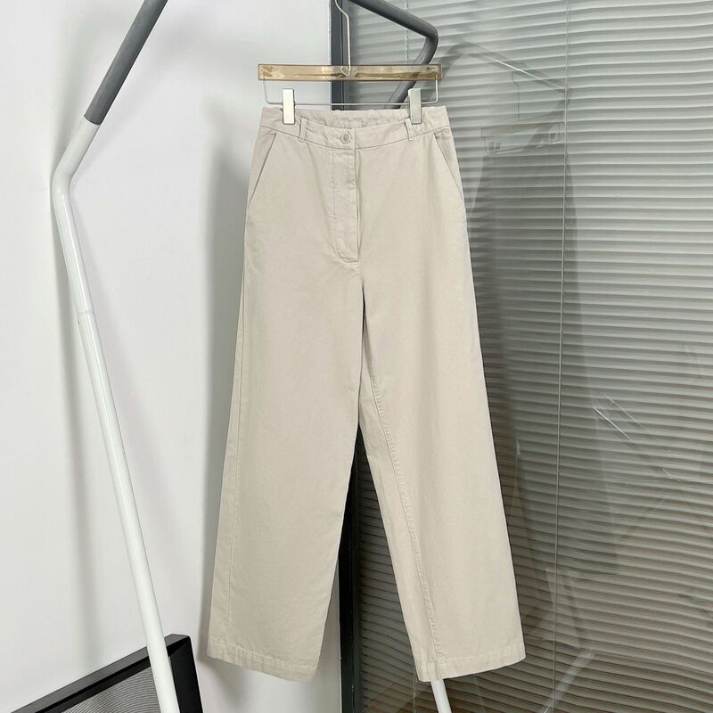 Light Khaki Japanese-Style Simple Twill Cotton Tapered Cut Casual Pants for Pear-Shaped Body, High-Waisted Long Pants for Women