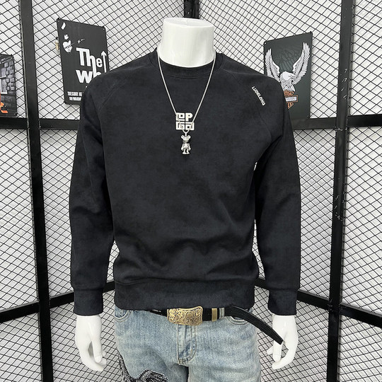 2025新款卫衣男春秋季潮牌圆领修身简约美式休闲加绒加厚打底衫潮