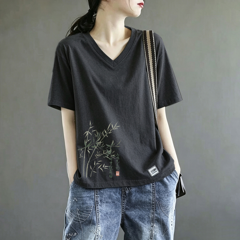 Brand Export Discount Artistic Casual Petite V-Neck Short-Sleeve T-Shirt for Women, Gray Printed Age-Reducing Elegant Top for Summer Brand Export Discount Artistic Casual Petite V-Neck Short-Sleeve T-Shirt for Women, Gray Printed Age-Reducing Elegant Top for Summer