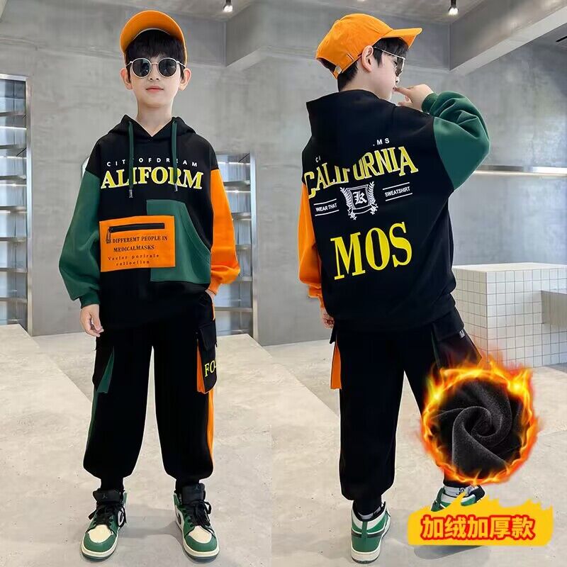 Boy Autumn Winter Clothing Suit Foreign Gas 2023 New CUHK Tong Sports Lianhood Boy Gardown Two Sets Tide-Taobao