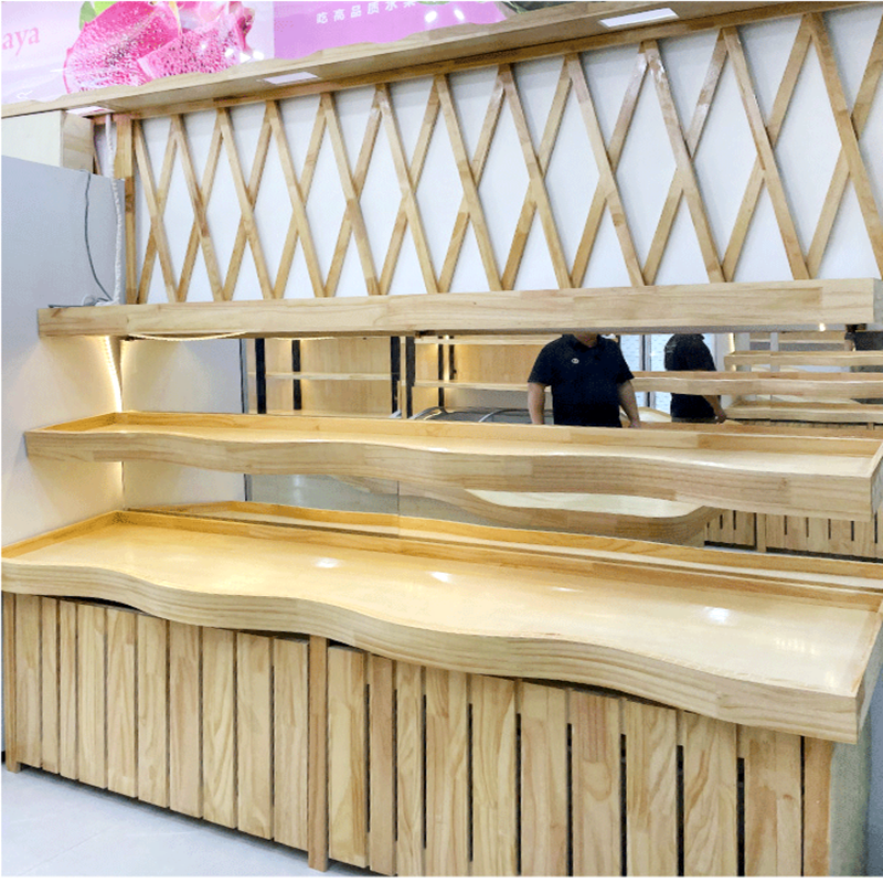 Customized Shenzhen Baiguoyuan Fruit Shop Shelf Cutting Table Dried Fruit Snack Cabinet Fresh Fruit and Vegetable Rack Solid Wood Display Stand