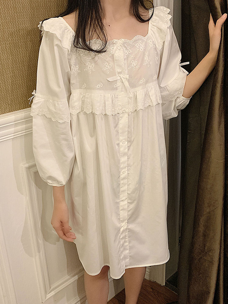 pinkgoddess spring and autumn cotton long-sleeved princess nightdress women's pajamas cute sweet home service cotton winter