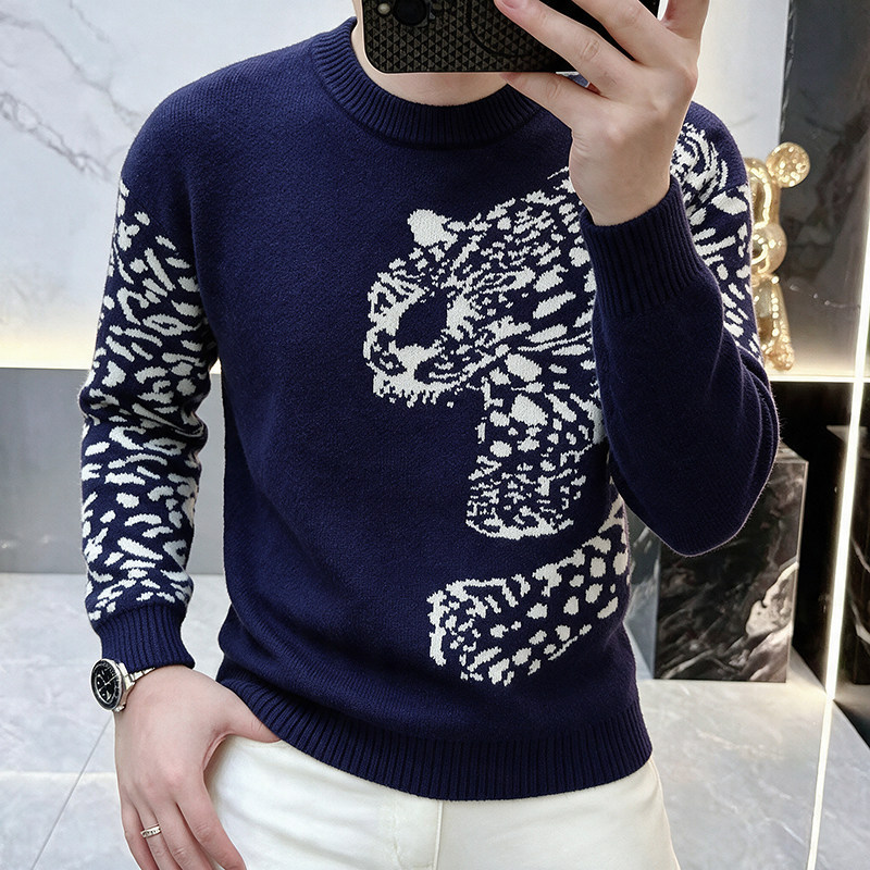Round Neck Sweater for Men, Autumn and Winter Trendy Brand, Lazy Style, Leopard Print, Loose Fit, Warm Top, Fashionable Versatile Knit Base Shirt