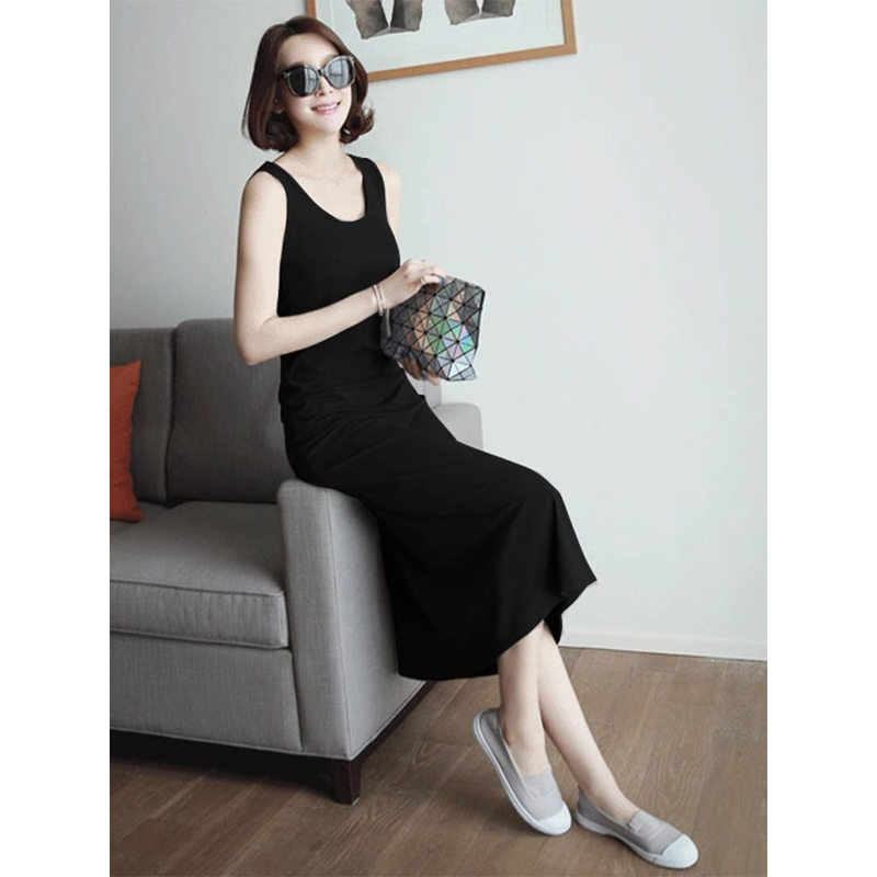 Modal Black Suspender Dress Mid-Length Sleeveless Vest Dress for Women Summer Loose Slimming Inner Skirt Draped