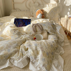 ins Fresh and Simple Cotton Four-Piece Set, 100% Pure Cotton Cartoon Princess Style Bed Sheet, Fitted Sheet, Lace Duvet Cover, Dormitory Three-Piece Set