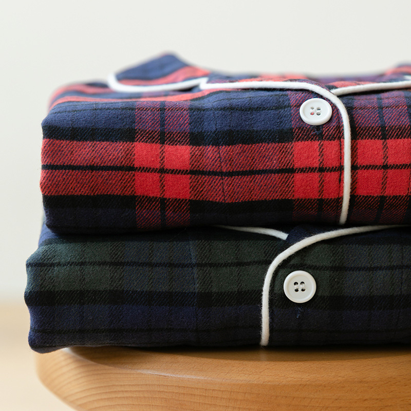 Muej Unprinted Couple's Pajamas Women's Plaid Long Sleeve Set Autumn and Winter Thickened Pure Cotton Flannel Men's Homewear