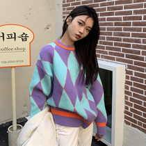 Fall 2021 new Korean edition loose ocean chic coloured diamond head long sleeve knitted sweater dress women