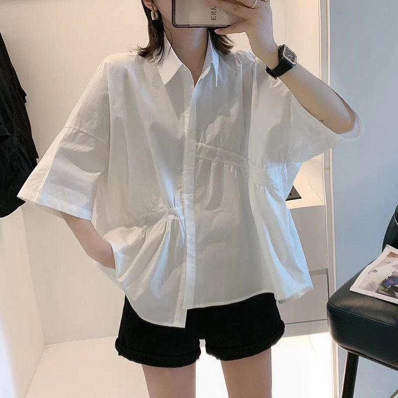 White irregular shirt women's summer thin section 2021 summer new pleated design sense half-sleeved large size top trendy