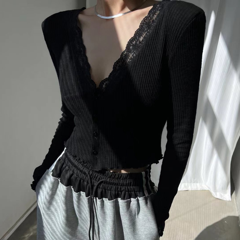 Lace knitted cardigan women's small all-match design sense niche slim slim V-neck long-sleeved T-shirt top women