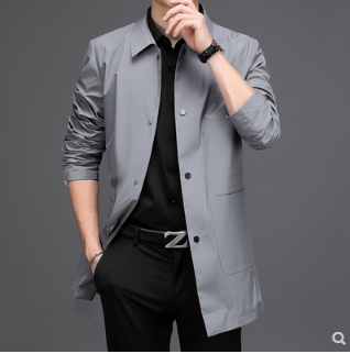 Fashion brand windbreaker men's long version of the Korean version of the trend handsome high-end light luxury lapel youth business casual spring and autumn jacket