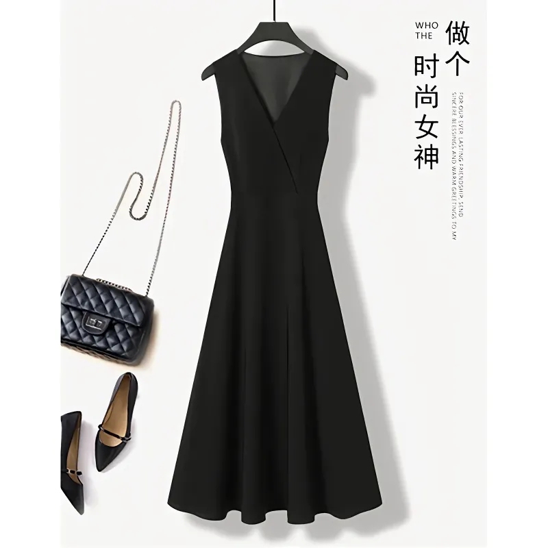 Light Luxury Chanel-Style Vest Dress for Women, Spring and Autumn, High-End, Elegant, Slim-Fitting Long Dress, Sleeveless Black Tank Dress