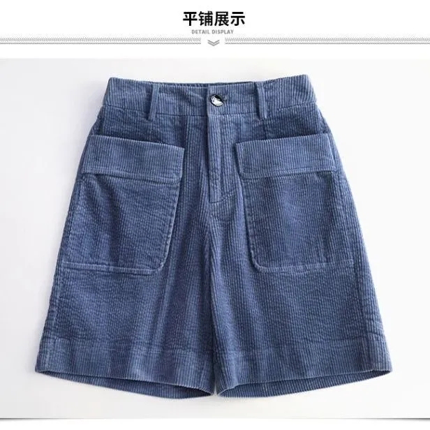 A-Line Corduroy Wide-Leg Shorts for Women, Autumn and Winter 2024 New Korean Style, Loose, Slimming, High-Waisted Straight Pants