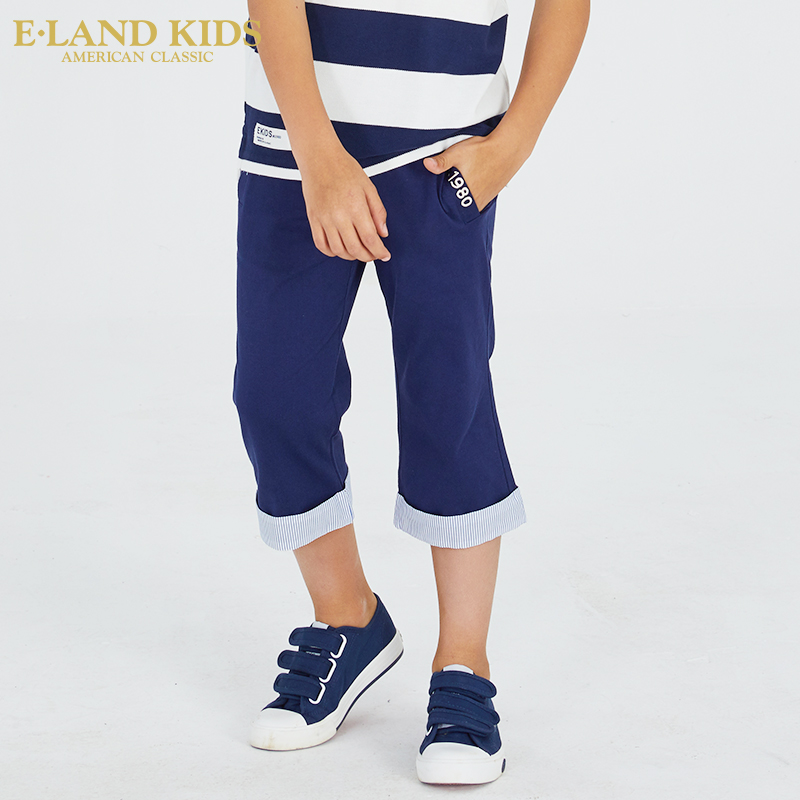 Elandkids ăn mặc edimete childrens mùa hè mới cậu bé bình thường cuộn mép quần dệt kim quần bảy điểm.