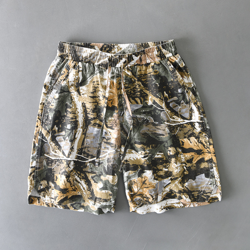 American-Style Camouflage Ramie Shorts for Men, Summer Vintage Loose Linen Work Pants, Versatile Cotton-Linen Trendy Five-Point Shorts