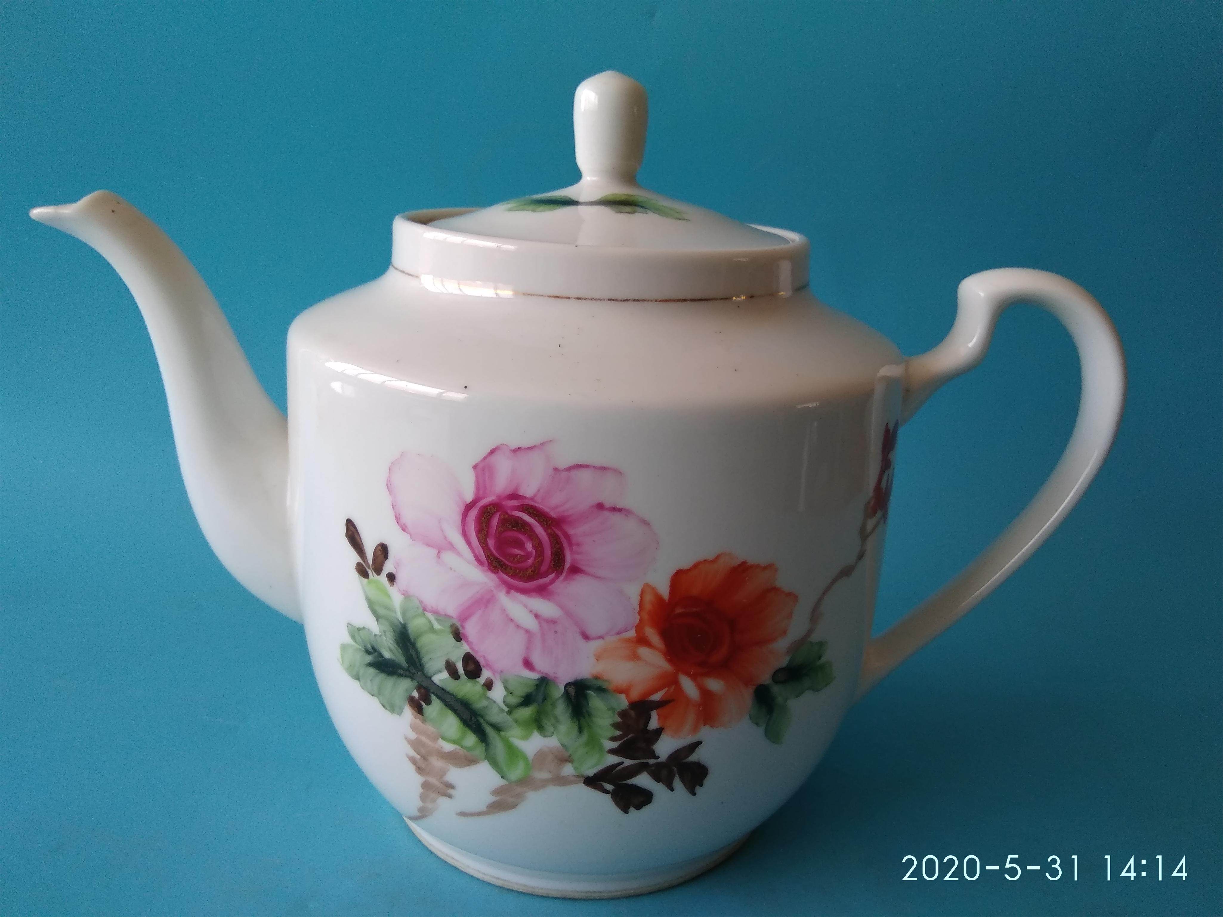 60s China Jingdezhen (Chinese and English) Powder Colored Hand-painted Flower Teapot