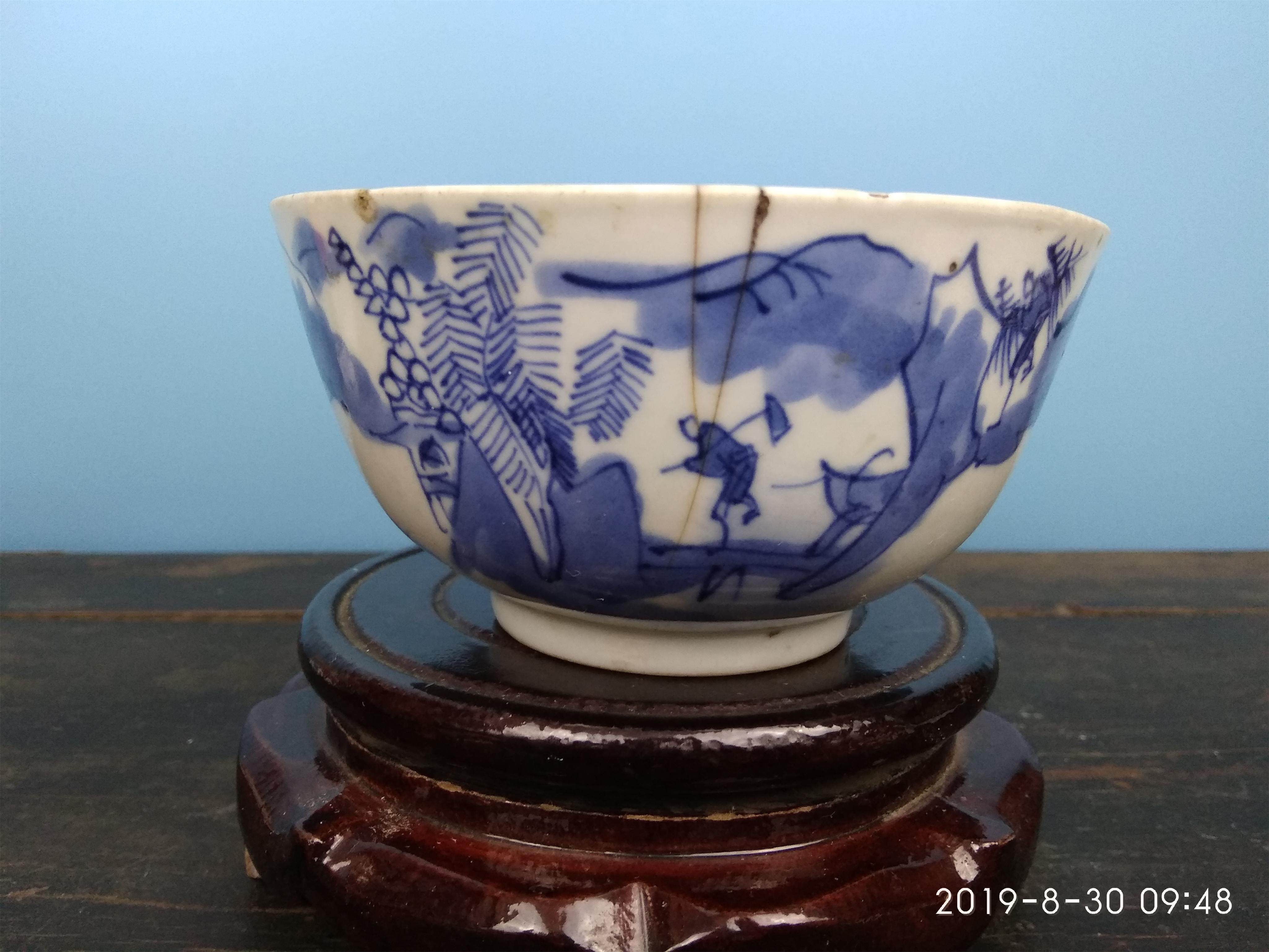 Qingqian Long Jingdezhen hand-painted fisherman and woodsman ploughing and reading blue and white character bowl blue and white porcelain old porcelain
