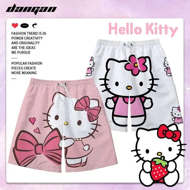Hellokitty Hello Kitty Summer Loose Beach Shorts for Men, Versatile Trendy Couple Casual Five-Point Sleep Pants for Women