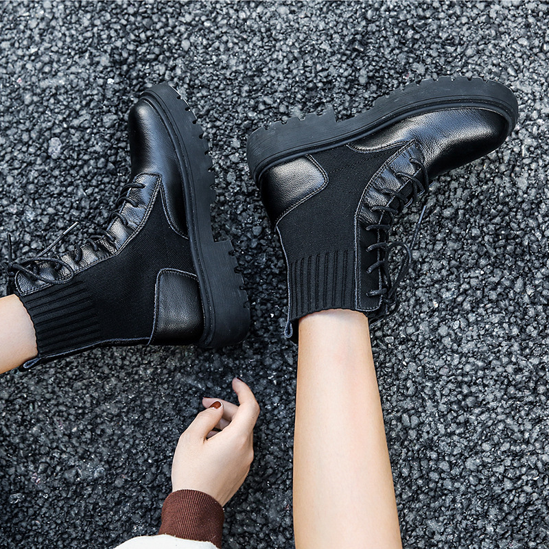 Real leather short boots woman 2019 autumn winter new round head thick bottom flying knit socks boots rough heel 100 hitch Martin boots Inn craze