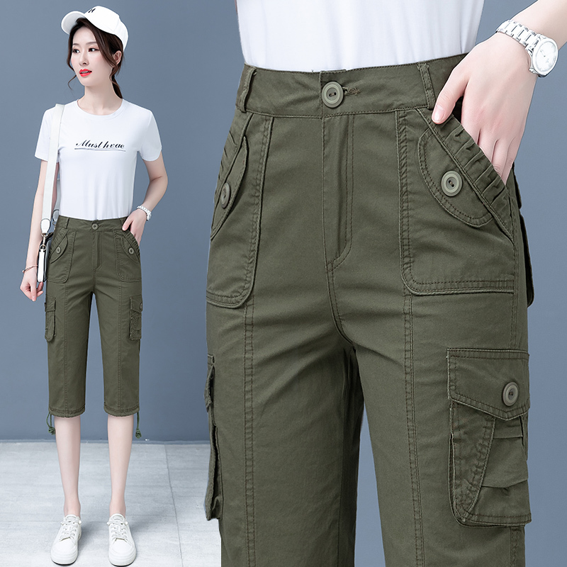 Workwear Capri Pants for Women, Summer Thin Straight-Leg 2026 New High-Waisted Slimming Army Green Pure Cotton Casual Mid-Length Pants