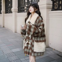 Lamb wool maternity coat womens autumn and winter outer wear retro plaid woolen coat large size loose belly-covering top