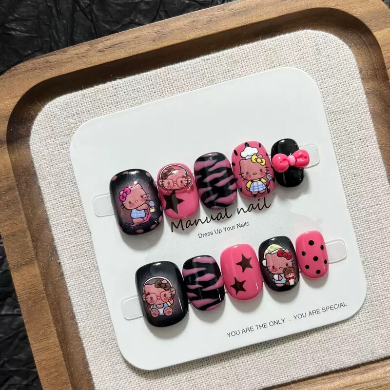 Handmade Wearable Nails, Cute Hello Kitty Cartoon, Sweet and Cool Short Style, Childlike and Three-Dimensional, Brightening Effect