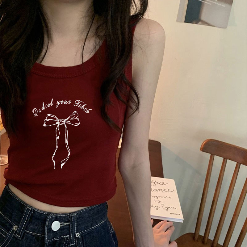 American-Style Burgundy Camisole with Bow, Women's Outerwear for Summer, Slim Fit, Chic, Sleeveless Short Top for Layering