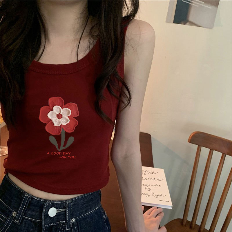 Burgundy Spicy Girl Style Camisole for Women, Suitable for Outerwear in Autumn, Waist-Cinching, Slim-Fit, Sleeveless, Short Top, Trendy