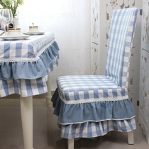 Mediterranean blue plaid chair cover Nordic IKEA dining table chair desk chair Pastoral siamese padded chair cover custom