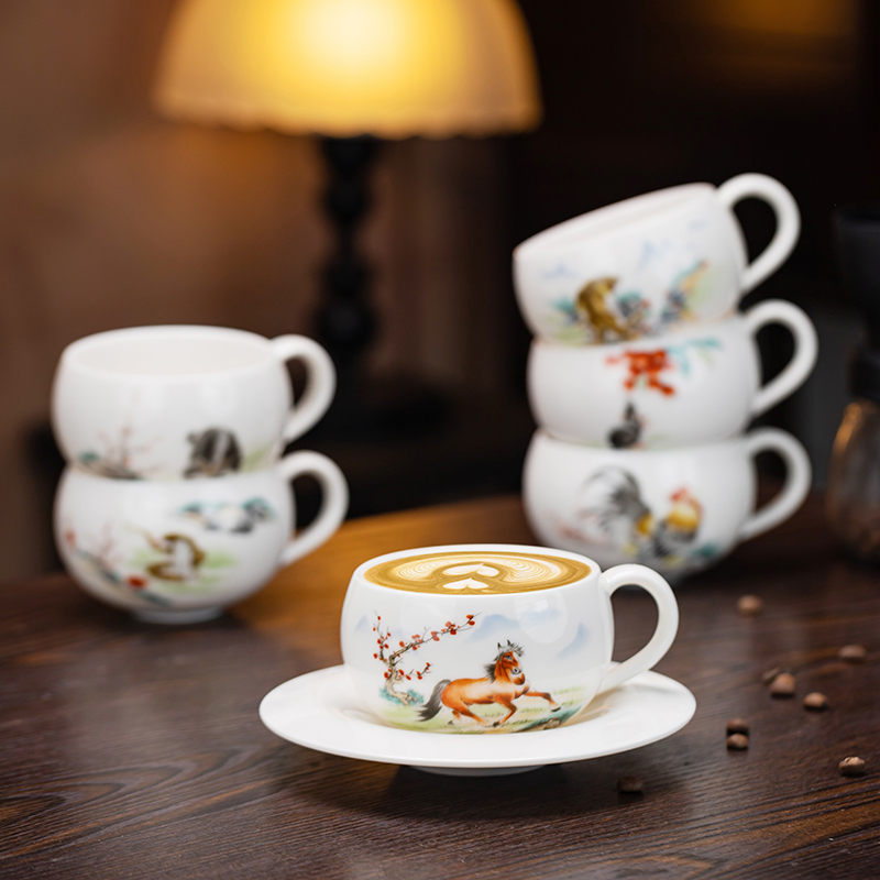 New High-End Large-Sized Porcelain Coffee Cup with Twelve Zodiac Designs, Featuring a Handle and Anti-Scalding Feature, Single Cup