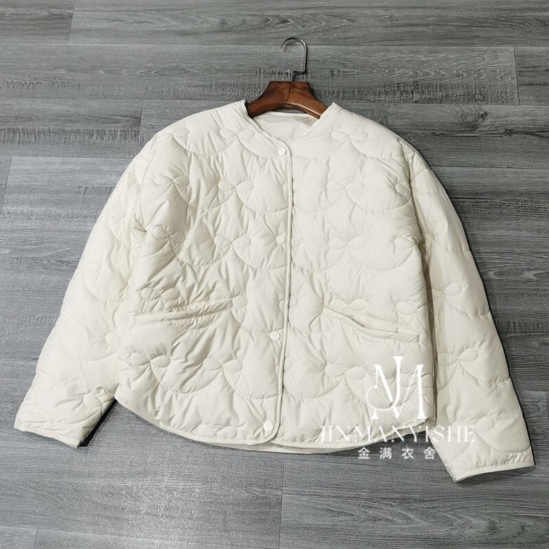 Lightweight, Thin, Elegant Round-Neck, Heavily Embellished Bow, Quilted, Loose-Fitting, Drop-Shoulder, Long-Sleeved, Short Cotton Jacket